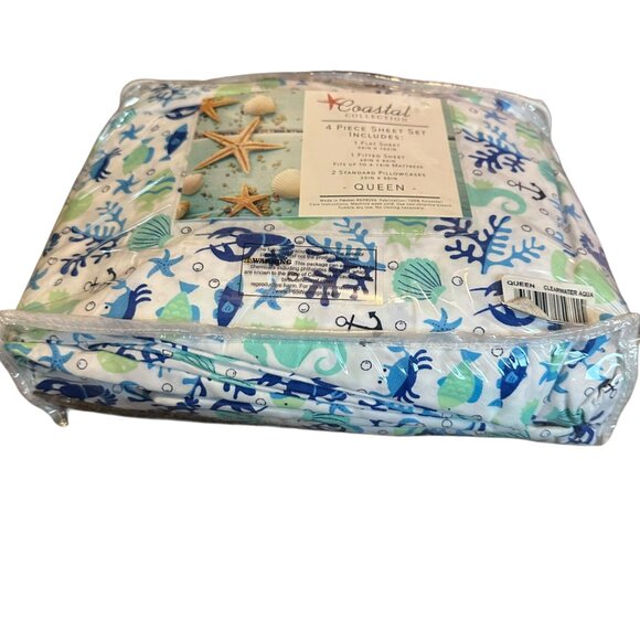 Coastal Collection Ocean Sea Nautical Print Sheet Set Queen Four Piece NIP NEW - Picture 7 of 8